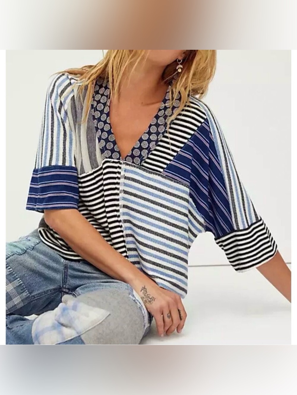 Free People Striped Patchwork V-Neck top